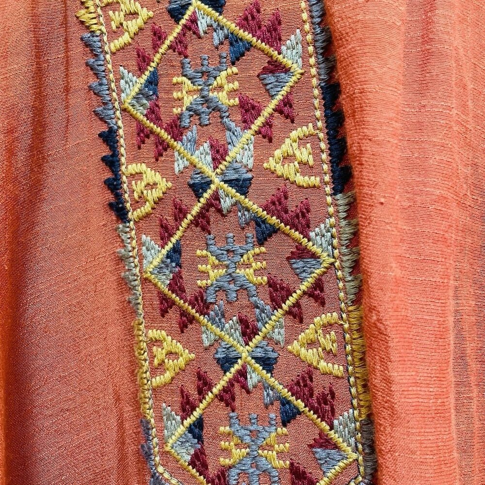 ENTRO Rust-Colored Embroidered Tie-Front Bell Sleeve Boho Shirt Sz L - Picture 7 of 10